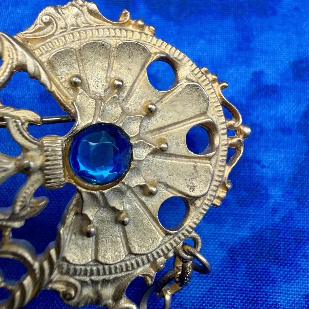 Vintage Victorian Revival Festoon Brooch Blue Rhinestone Gold Tone Chatelaine